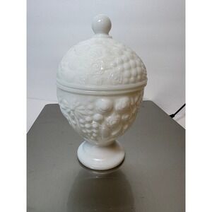 Vintage Avon Milk Glass Candy Dish Harvest Fruit Floral‎ White Pedestal Jar